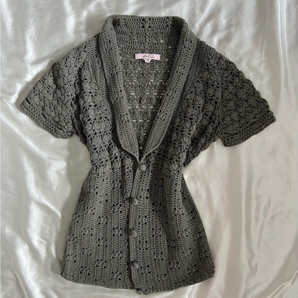 Y2K Crochet Button-Up Short Sleeve Cardigan – Olive Grey